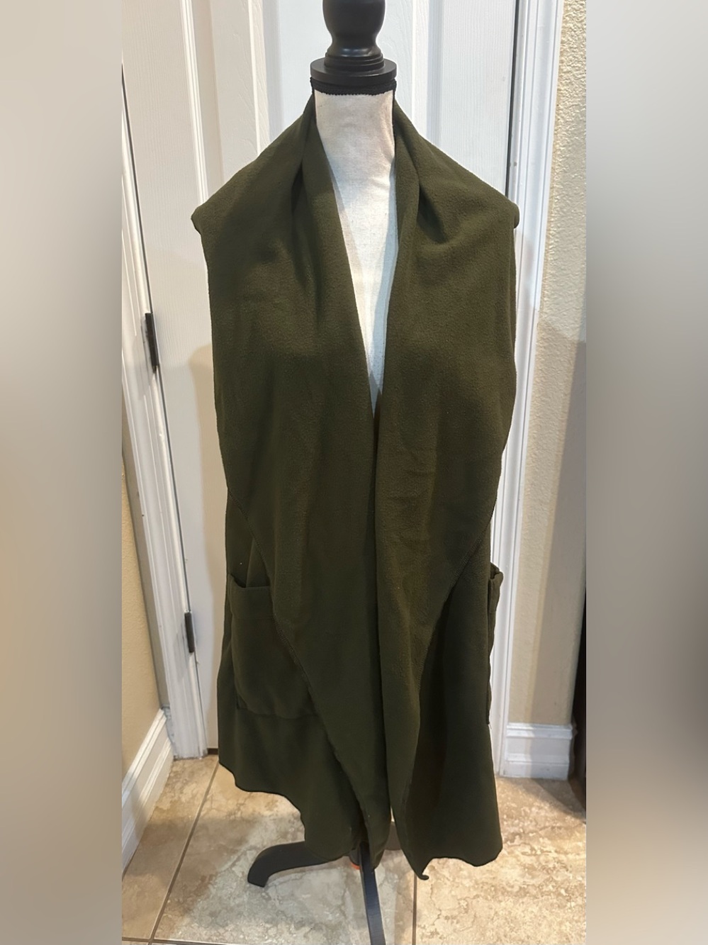 Olive Draped Brushed Fabric Open Front Women's Shawl Collar Vest w/Pockets